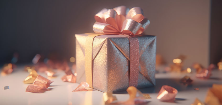 A product wrapped in luxury metallic-effect paper and finished with a ribbon and bow