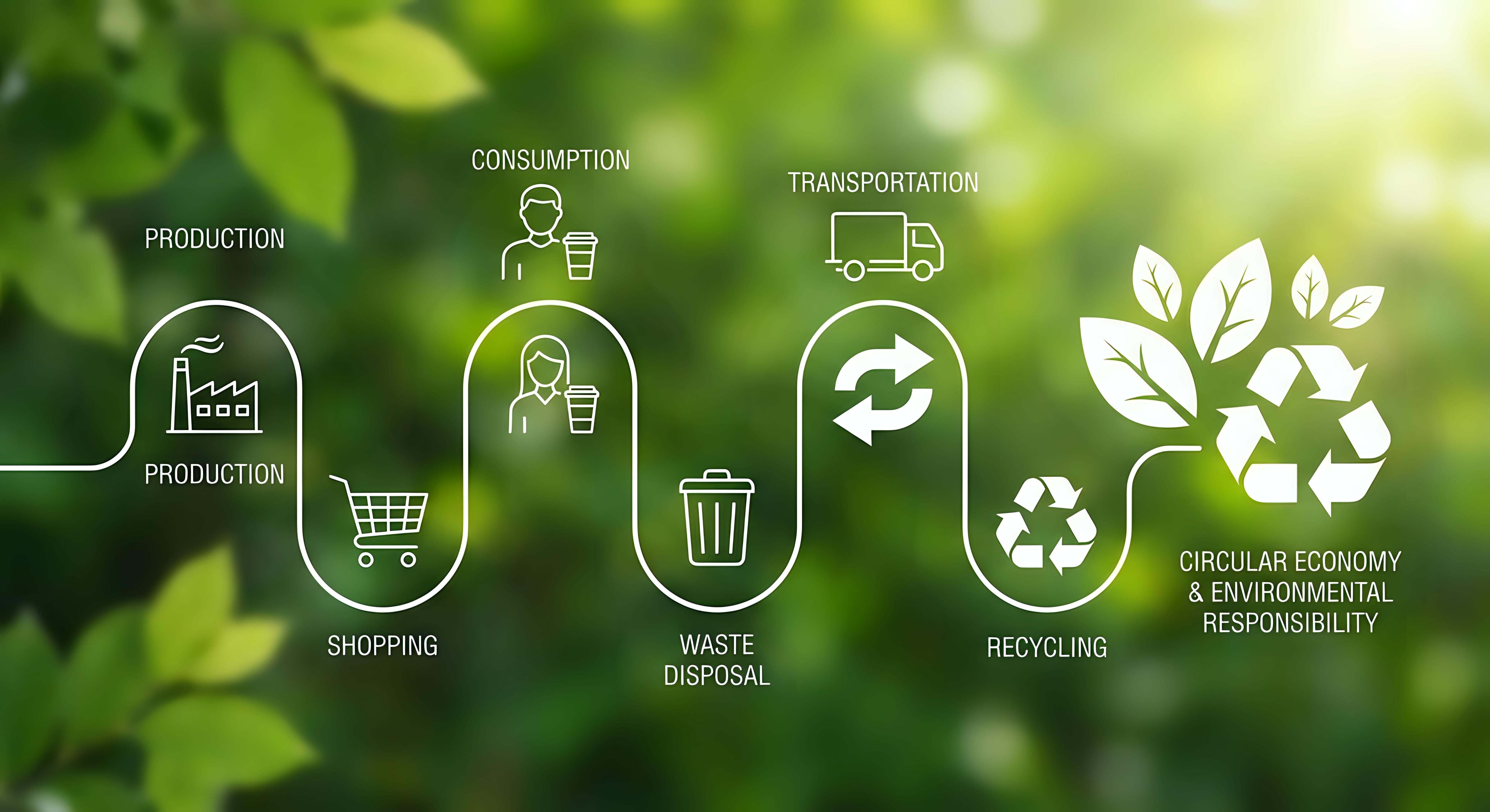 VISCOM-TheSustainabilityGlossary-Image3.jpeg (Circular economy concept with white line icons showing sustainable lifecycle from production to recycling on green nature background.)