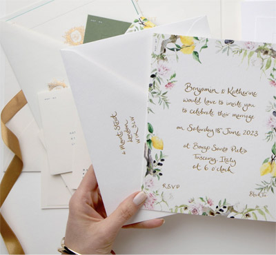 Floral wedding invitation design by Mount Street Printers